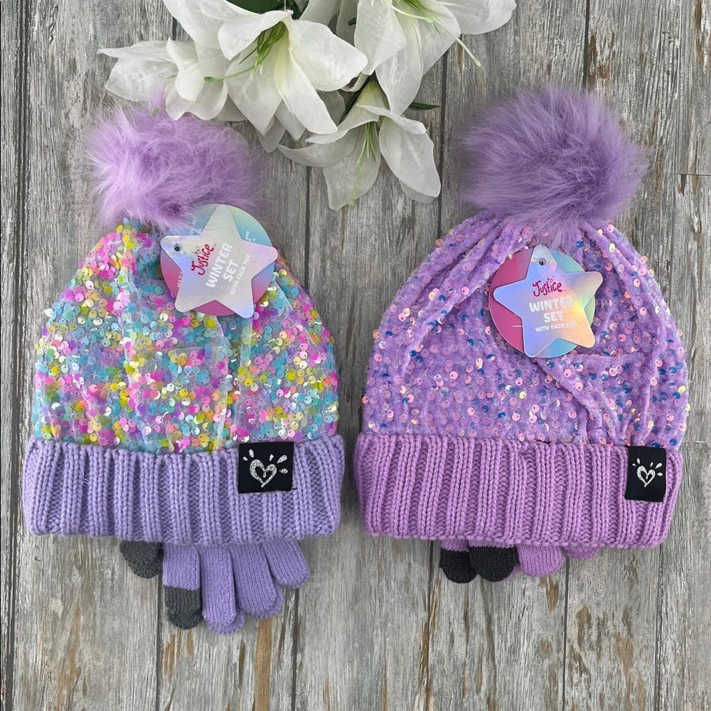 Girls Justice Sequin Cable Knit Hat and Gloves Set Pink 2-Pack